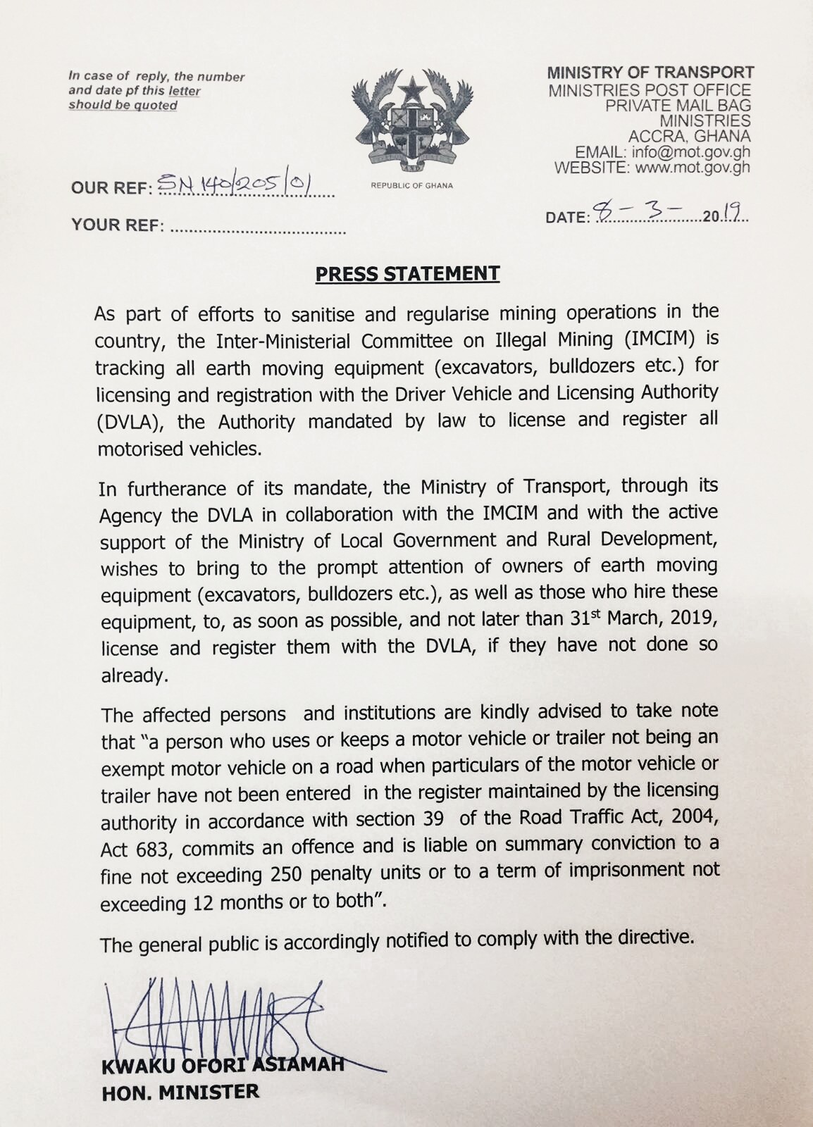 ALL EARTH MOVING EQUIPMENT MUST BE REGISTERED WITH THE DVLA BY 31ST MARCH, 2019 - TRANSPORT MINISTER