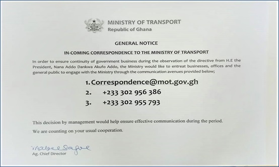 Ministry of transport provides communication avenues for engagement with the business community and the public, on wednesday, april 1, 2020