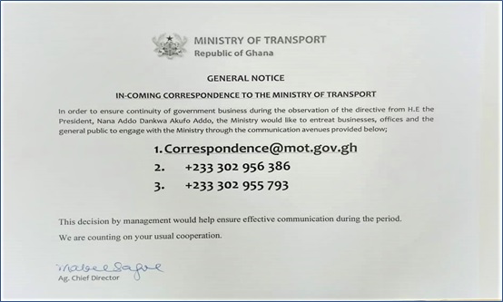 MINISTRY OF TRANSPORT PROVIDES COMMUNICATION AVENUES FOR ENGAGEMENT WITH THE BUSINESS COMMUNITY AND THE PUBLIC, ON WEDNESDAY, APRIL 1, 2020