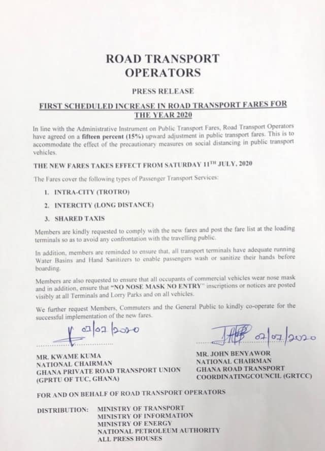 PRESS RELEASE: FIRST SCHEDULED INCREASE IN ROAD TRANSPORT FARES FOR THE YEAR 2020