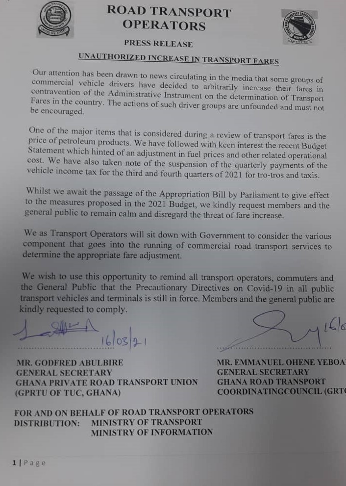 PRESS RELEASE: Unauthorized Increase In Transport Fares