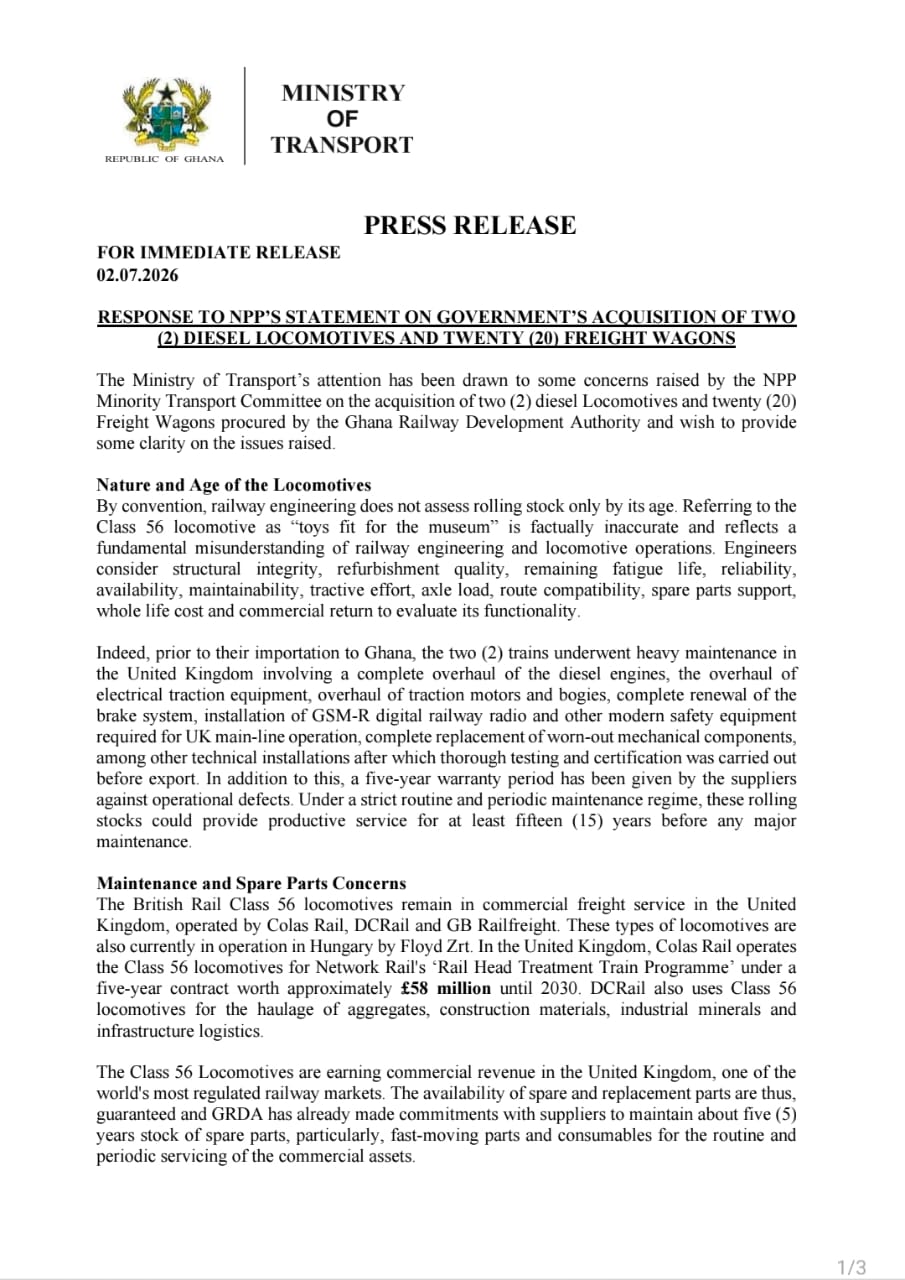 RESPONSE TO NPP'S STATEMENT ON GOVERNMENT'S ACQUISITION OF TWO (2) DIESEL LOCOMOTIVES AND TWENTY (20) FREIGHT WAGONS