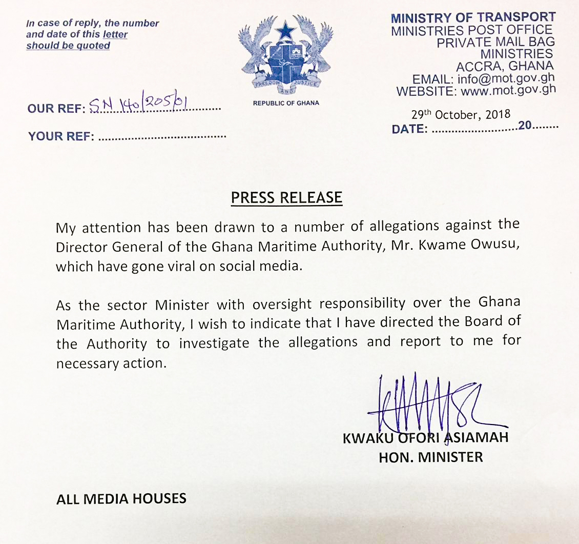 TRANSPORT MINISTER ORDERS INVESTIGATIONS ON RECENT ALLEGATIONS AGAINST THE DIRECTOR GENERAL OF MARITIME AUTHORITY.